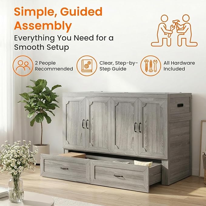 CECER Queen Murphy Bed with Mattress for Small Space/Guest-Grey | Large Storage Drawer & Built-in Multi-Port Charging Station,Space Saving & Easy Assemble and Conversion
