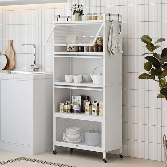 Giantex 5-Tier Kitchen Storage Cabinet, Freestanding Metal Baker's Rack w/4 Flip-up PC Doors, 4 Hooks, Adjustable Feet & Rolling Wheels, Mobile Microwave Stand for Dining Room, Living Room (White)