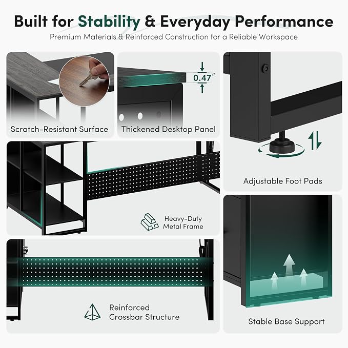 MALOL 70.3" L-Shaped Office Desk, Reversible L-Shaped Computer Desk with Power Outlet, Large Executive Desk with Locked File Drawers & Storage Shelves, Pegboard, Mobile CPU Stand, Modern Corner Desk
