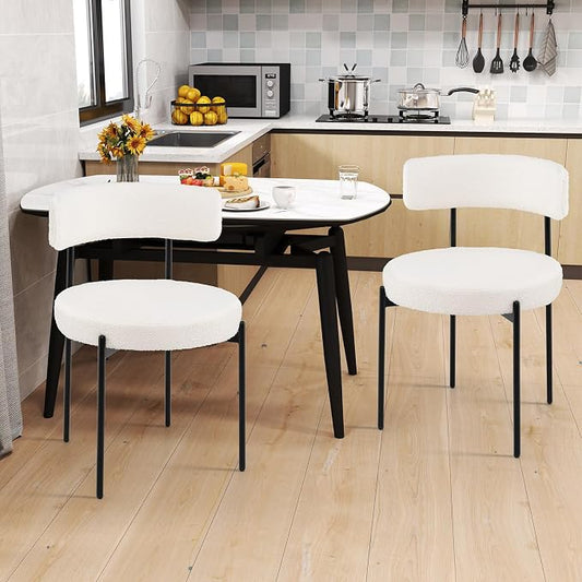 Giantex Sherpa Dining Chairs Set of 4, Upholstered Round Kitchen Chairs with Curved Backrest & Metal Legs, Modern Armless Side Chairs, White Boucle Accent Chairs for Dining Room, Living Room