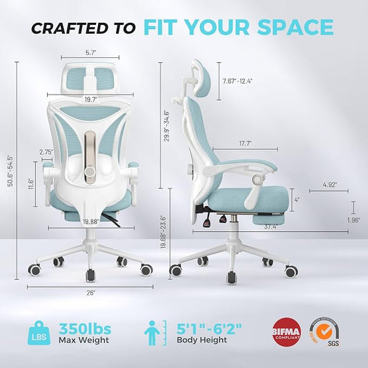 CYKOV Ergonomic Office Chair with Footrest - Adjustable Lumbar Support & Headrest, 90-135° Reclining Mesh Back Computer Chair - Home Office/Gaming, 350lbs Capacity