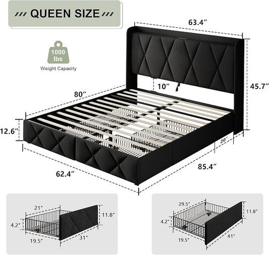 Feonase Queen Bed Frame with 4 Storage Drawers, Upholstered Platform Bed with Charging Station, Wingback Storage Headboard, Wooden Slats Support, No Box Spring Needed, Easy-Assembly, Black