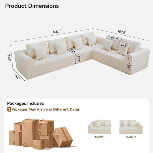 140'' Boneless Modular Couches for Living Room, Compressed Cloud Sectional Modern Sofa, L Shaped 6 Seater Upholstered Memory Foam Oversized Sofa, No Assembly, Chenille Beige