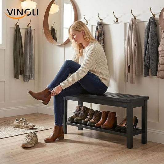 VINGLI Rustic Storage Bench, Solid Wood Seat with Storage Shelf, Indoor Outdoor Shoe Rack, 450lbs Capacity Small Outdoor Bench for Mudroom Entryway Patio Porch (Black, 40in)