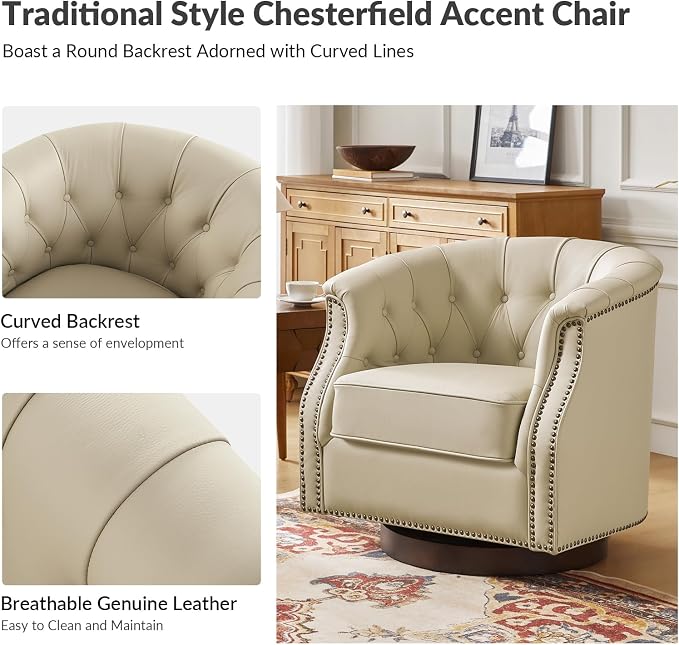 HULALA HOME Genuine Leather Swivel Accent Chair, Swivel Rocker Barrel Chair, Traditional Chesterfield Armchair with Button-Tufted Design, No Assembly Required, Beige