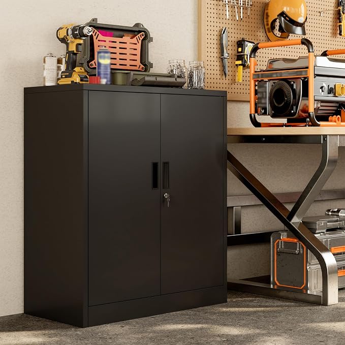 BESFUR Metal Garage Storage Cabinet with 2 Locking Doors and 2 Adjustable Shelves, 36" Black Metal Short Storage Cabinet for Home Office,Garage,School,Utility Room