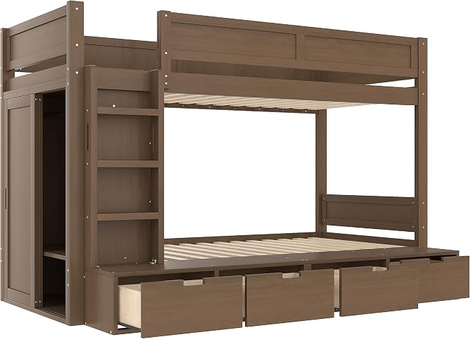 Bellemave Twin Over Twin Bunk Bed with Storage Drawers,Solid Wood Bunk Bed with Built-in Wardrobe,Storage Shelf and Safety Guardrails for Kids Girls Boys,Brown