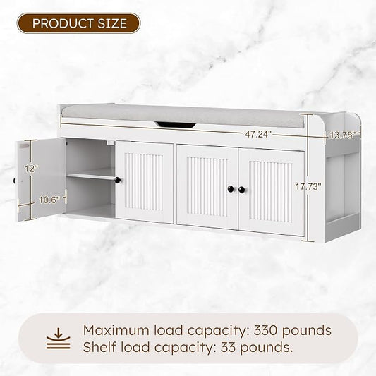 47.2" Storage Bench - Entryway Shoe Bench with Side Storage Shelves and 4 Doors, Multifunctional Entryway Bench with Lift Top Cushion, Shoe Storage Bench for Bedroom, Living Room, White