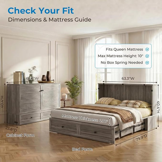 Mjkone 63" W Queen Size Murphy Bed Cabinet with Mattress Include, Modern Guest Cabinet Beds with USB Charging Station, Chest Cabinets Bed with Storage Drawer for Bedroom Home Office, Grey