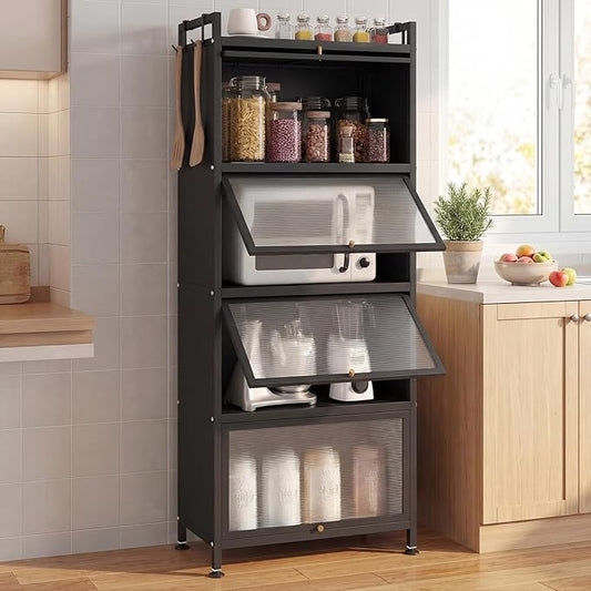 Giantex 5-Tier Kitchen Storage Cabinet, Freestanding Metal Pantry Cabinet w/ 4 Flip-up PC Doors, 4 Hooks & Adjustable Feet, 60” Tall Bakers Rack Microwave Stand for Dining Room, Living Room, Black
