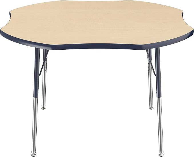 FDP Clover Activity School and Office Table (48 x 48 inch), Standard Legs with Swivel Glides for Collaborative Seating Environments, Adjustable Height 19-30 inches - Maple Top and Navy Edge