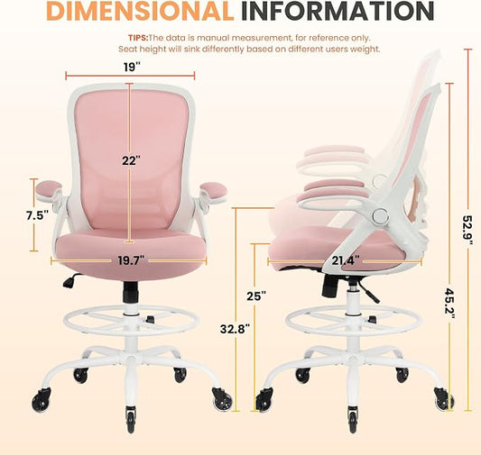 HYLONE Drafting Chair Tall Office, Ergonomic Standing Desk Stool Adjustable Big and Tall Drafting Office Chair with Flip-Up Armrests, Mesh, Pink