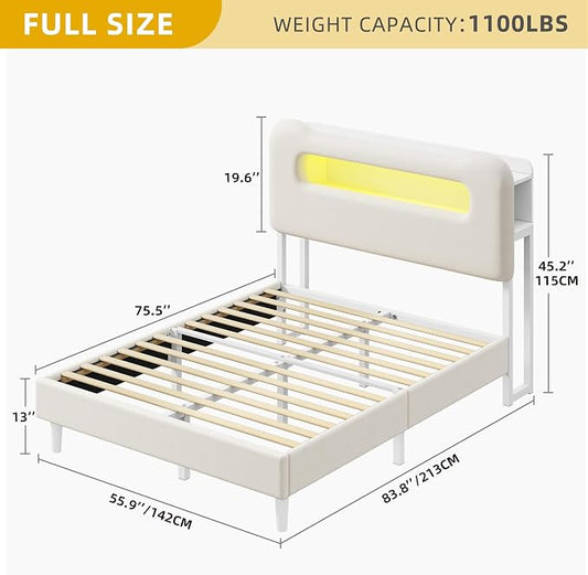 DWVO Full Size Bed Frame, Boucle Upholstered Bed with Storage Headboard, LED Bed with USB & Outlet, No Box Spring Needed, Cream