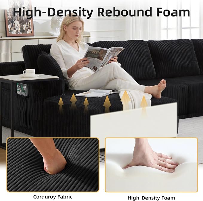 130" U-Shaped Modular Sectional Sofa with Chaise, Boneless Corduroy Flexible Module Seating for Living Room, Cloud Couch with Cup Holders and Side Pockets, No Assembly (Black)