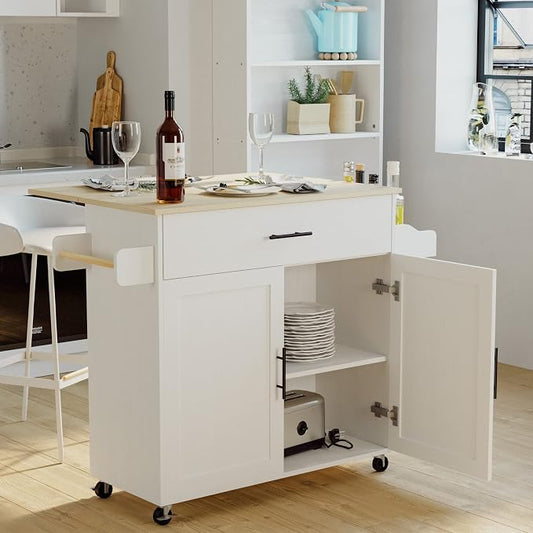 IRONCK Rolling Kitchen Island Table on Wheels with Drop Leaf, Storage Cabinet, Drawer, Spice/Towel Rack, Kitchen Cart, 47.25" Wide White
