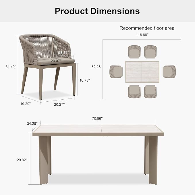 PURPLE LEAF 7 Pieces Outdoor Dining Set Patio Table and Chairs Set Aluminum Wicker Rattan Patio Furniture Set for Lawn Garden Porch Champagne