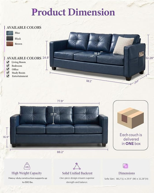 TYBOATLE Faux Leather Couch w/Side Pockets, Mid-Century Modern Tufted Comfy Leather Couches w/USB and Wider Arms, 3 Seater Sofa for Office, Apartment, Bedroom, Blue