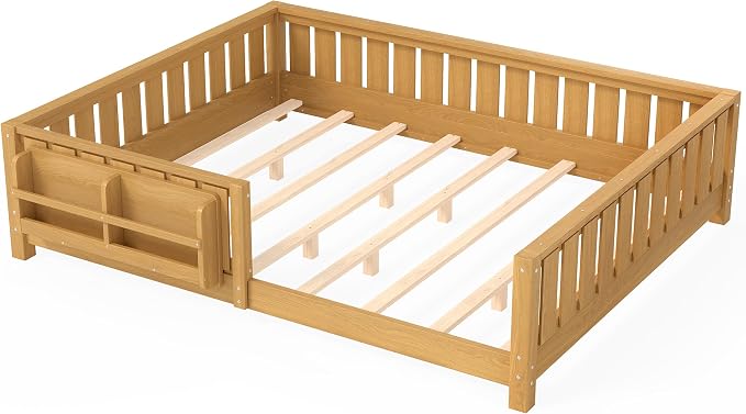 Bellemave Queen Size Floor Bed with Slats and Safety Guardrail, Queen Size Montessori Floor Bed with Fence and Built-in Bookshelf, Easy Assemble Montessori Beds for Girls, Boys, Deep Natural