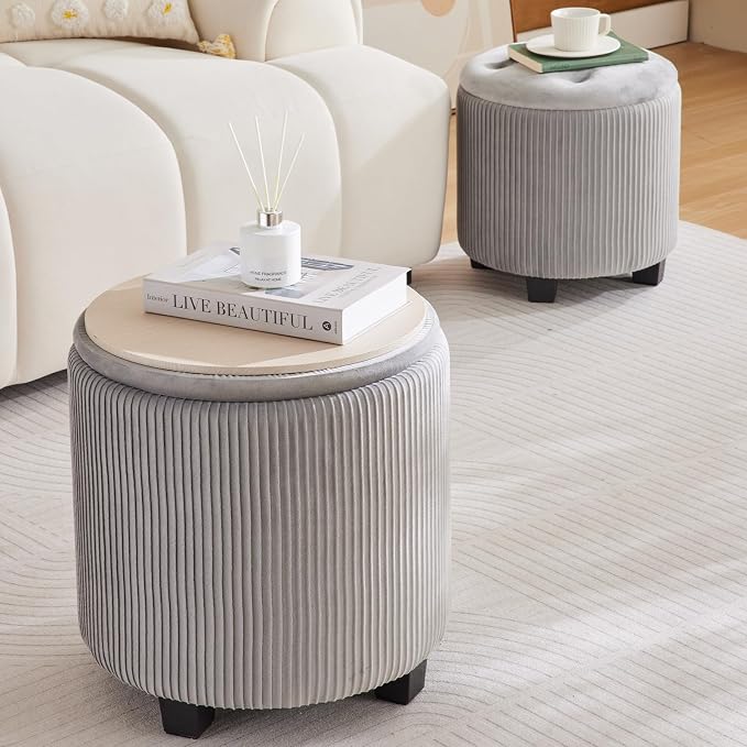 BLEXA Big Round Ottoman with Storage Set of 2,Upholstered Velvet Vanity Stool for Makeup Multifunctional Foot Rest Coffee Table Padded Seat Tufted Ottomans for LivingRoom&Bedroom (Large Grey)