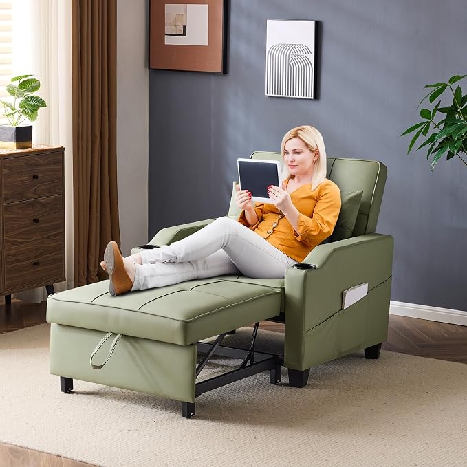 VINGLI Sofa Bed Chair Recliner, 3-in-1 Convertible Sleeper Sofa Chair Bed Green Daybed Pull Out Couch with Adjustable Backrest, USB Ports, Cup Holders for Small Spaces Living Room