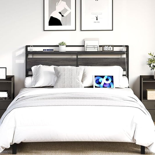 HOOBRO Headboard Queen Size, Headboard with 2 Outlets and 4 USB Ports, Adjustable Height, Storage Rack, Sturdy and Stable, Easy Assembly, Charcoal Gray and Black