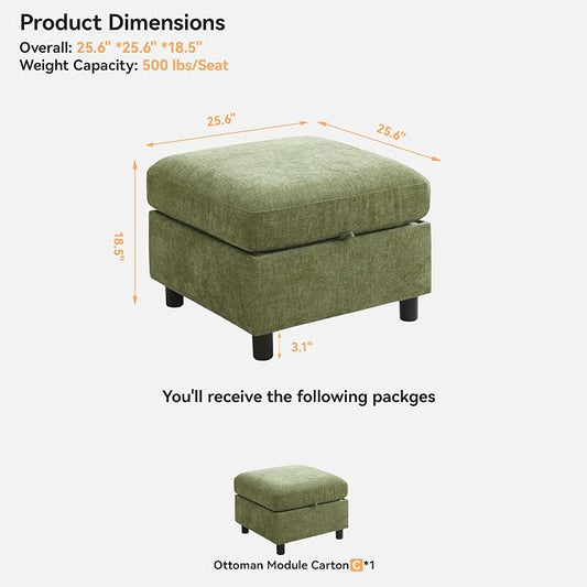 WUTUTUEE 25" Square Storage Ottoman for Modular Sectional Sofa, Convertible Couch Footrest with Hidden Compartment, Chenille Upholstered Coffee Table & Extra Living Room Seating, Green