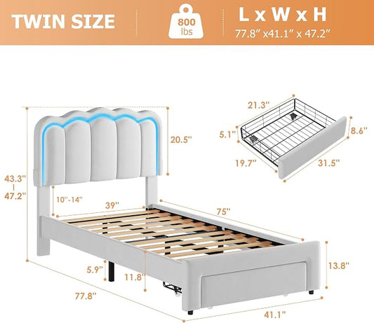 Jocoevol Twin Upholstered LED Bed Frame with Storage Drawer and Adjustable Chic Double Wavy Headboard, Velvet Princess Platform Bed for Girls/Kids, Solid Wood Slats Support, No Box Spring Needed, Grey