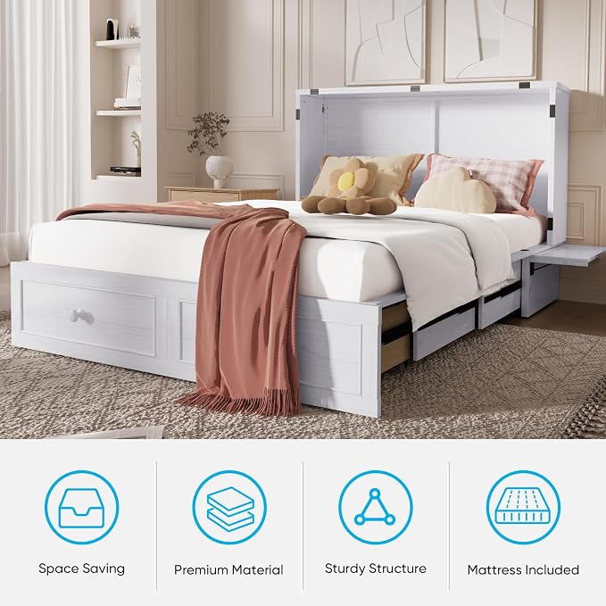Mjkone Queen Size Murphy Cabinet Bed with Tri-Fold Mattress, Multi-Functional Cube Cabinet Bed, Mobile Wall Beds Chest with Storage Drawers and USB Charging Station for Bedroom Office, White