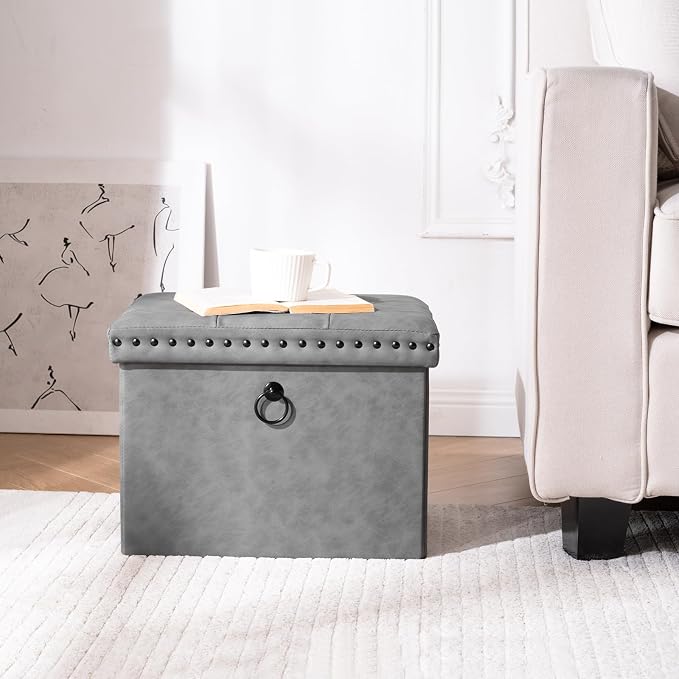 oakvivo Storage Ottoman Cube 16x12x12 inches, Small Faux Leather Tuffed Foot Rest Stool with Rivet Design, Foldable Ottomans Footstool, Box Chest for Bedroom, Entryway, Load 242 lb, Grey