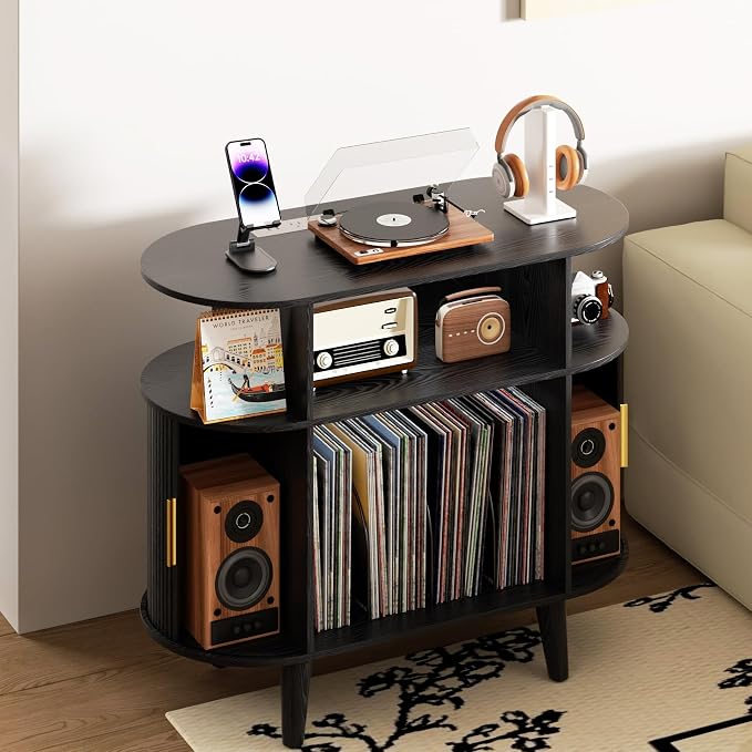 LUVIOHOME Large Round Record Player Stand with Charging Station & USB Ports,Record Storage Cabinet, Mid Century Modern Turntable Stand for Bedroom Living Room (Small Black)