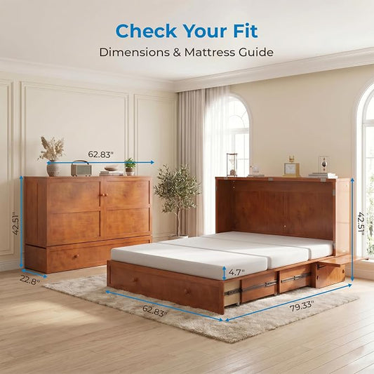 Mjkone Murphy Bed Queen with Mattress Included, Cabinet Murphy Bed with USB Charging Station & Storage Drawer, Mobile Cube Murphy Cabinet Chest Bed for Living Room Bedroom Apartment, Cherry