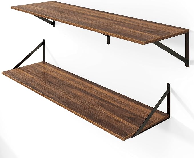 Heimlove 12 Inch Deep Floating Shelves for Wall, 40W x 12D Wood Wall Shelves Set of 2, Walnut Wide Floating Bookshelf for Living Room, Kitchen, Office, Bedroom, with Black Metal Bracke - Walnut