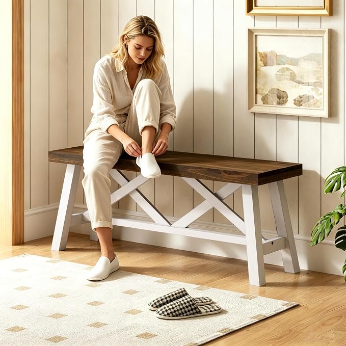 Wnutrees 43" Farmhouse Wood Bench, Rustic Solid Wood Entryway Bench Seat with Double X-Structure for Dining Area Living Room Hallway, Structural Stability, White
