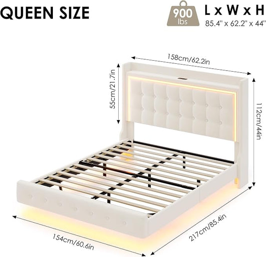 Keyluv Queen Floating Bed Frame with Storage Headboard, LED Lights & Charging Station Platform Bed, Soft Upholstered Velvet, USB/Type-C Ports, Easy Assembly, Beige