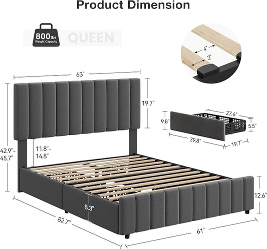 IDEALHOUSE Queen Upholstered Bed Frame with 4 Storage Drawers, Adjustable Headboard and Wooden Slats Support, No Box Spring Needed, Grey