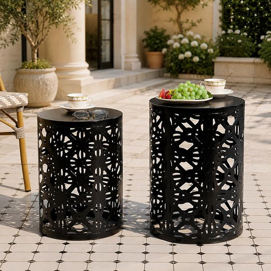 HFHOME Set of 3 Metal Outdoor Side Table, Nesting Round Coffee Table for Indoor Outdoor, Heavy Duty End Tables Plant Stand Living Room Garden Stool - Black