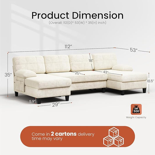 KKL U-Shaped Sectional Couch for Living Room | 112" Sectional Sofa with Double Chaise, Modern Sofa Deep Seat Couches for Living Room, Apartment, Office, Beige