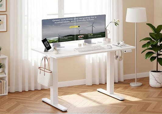 Claiks Electric Standing Desk, Adjustable Height Stand up Desk, 48x24 Inches Sit Stand Home Office Desk with Splice Board, White Frame/Cold White Top