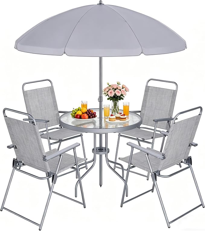 Shintenchi 6 Piece Outdoor Patio Furniture Set, Small Outdoor Patio Dining Table and Chairs Set, Outdoor Seating with Umbrella for Backyard, Balcony, Front Porch, Ice Silver