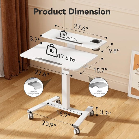 28Inch Mobile Standing Desk On Wheels, Rolling Laptop Stand with Tiltable Desktop, Small Computer Workstation Adjustable Height, 2-Tier Portable Study Table with Storage Shelves, White