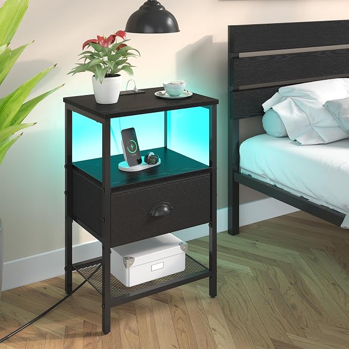 sthmec Nightstands Set of 2, LED Night Stands with Charging Station and Fabric Drawer, Bedside Tables with Drawers, 2- Tier LED Side Tables End Table Charging Station Bedroom, Black