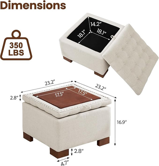 24 Inch Square Storage Ottoman Coffee Table, Modern Tufted Upholstered Ottoman with Flip Tray and Solid Wood Legs, Suitable for Living Rooms, Linen Beige