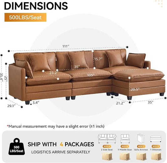 111'' Sectional Cloud Deep Seat Couch, Modern Comfy Leather L Shaped Sectional Sofa for Living Room Set, Upholstered Modular 4-Seats Sofa Couch with 1 Movable Ottoman, Leather Light Brown