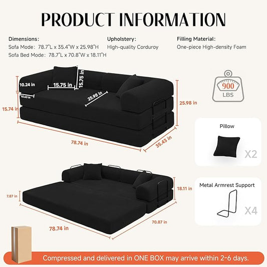 78.8" Memory Foam Boneless Couch, Corduroy Floor Sofa Bed, Convertible Sleeper Futon Loveseat, Wide Armrests & Back Support, Supports Up to 1200 lbs, Couch in a Box with 2 Pillows, Black