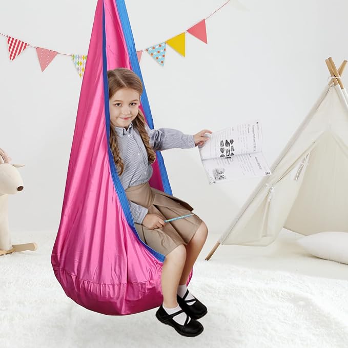 Kids Swing Seat Hammock Chair Indoor Outdoor Hanging Chair for Children,Soft & Safe with High Weight Capacity, Easy Install Perfect for Bedroom, Garden, Playroom (Rose Red)