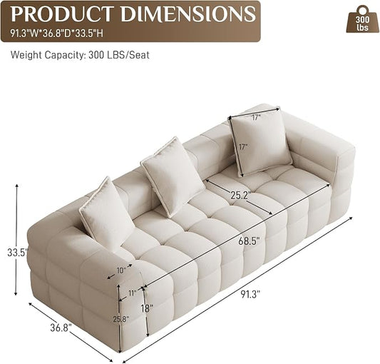 91.3" Boneless Couch,Comfy Cloud Sectional Sofa with Deep Seat,Modern Upholstered Chenille Love Seat Sofa, Oversized Couches for Living Room, No Assembly Required Tufted Sofas, Beige White