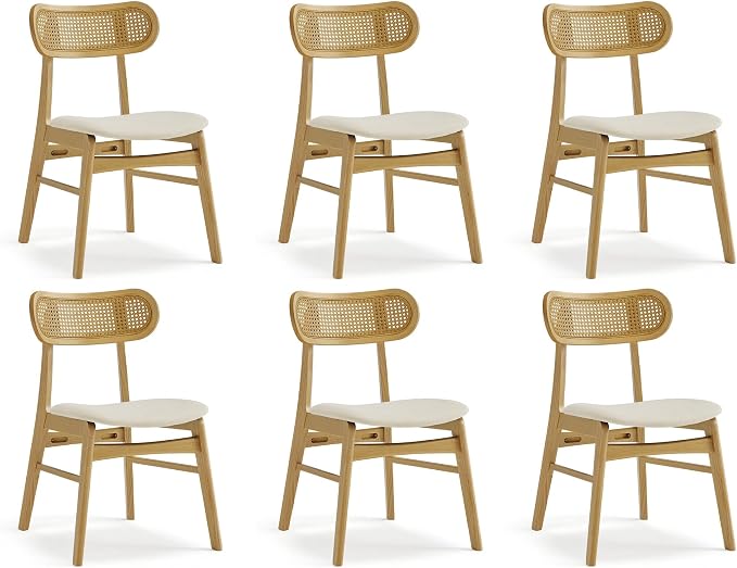 KISLOT Rattan Dining Chairs Set of 6, Upholstered Modern Dining Room Chairs, Mid Century Oak Wood Kitchen Chairs with Rattan Backrest for Farmhouse, Restaurant, Café (Cream Fabric & Original Color)