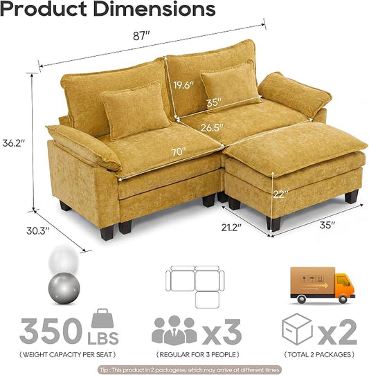 URRED Oversized Modular Sectional Sofa, 87" L Shaped Modern Comfy Cloud Couch with Movable Ottoman & Pillows, Deep Seat Couches for Living Room, Bedroom or Apartment (Chenille Yellow, 87" L Shaped)