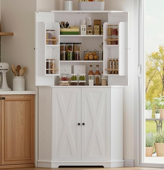 IRONCK Corner Cabinet, 72" H Kitchen Pantry Storage Cabinet, 4 Barn Doors with Storage Rack, 4 Adjustable Shelves, 6-Tier Tall Food Pantry Cabinet, Farmhouse Hutch for Kitchen Dining Room, White
