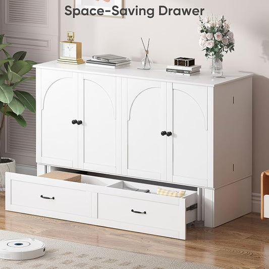 PUREMIND Murphy Bed Queen, Arched Frames Cabinet Beds Chest with Charging Station & Storage Drawers, Convertible Hideaway Cabinet Bed for Guest Room, White, Without Mattress